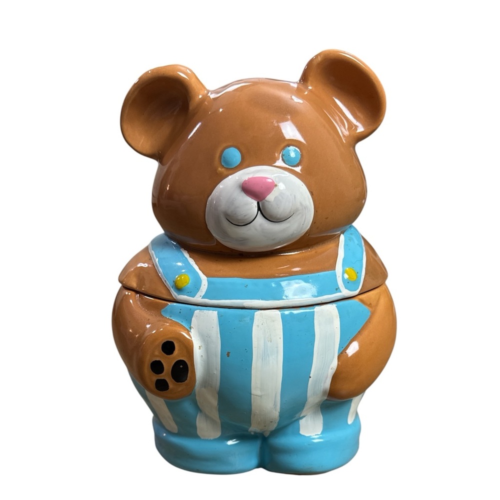 Vintage Teddy Bear Blue Striped Overalls Ceramic Cookie Jar Cottage Core
